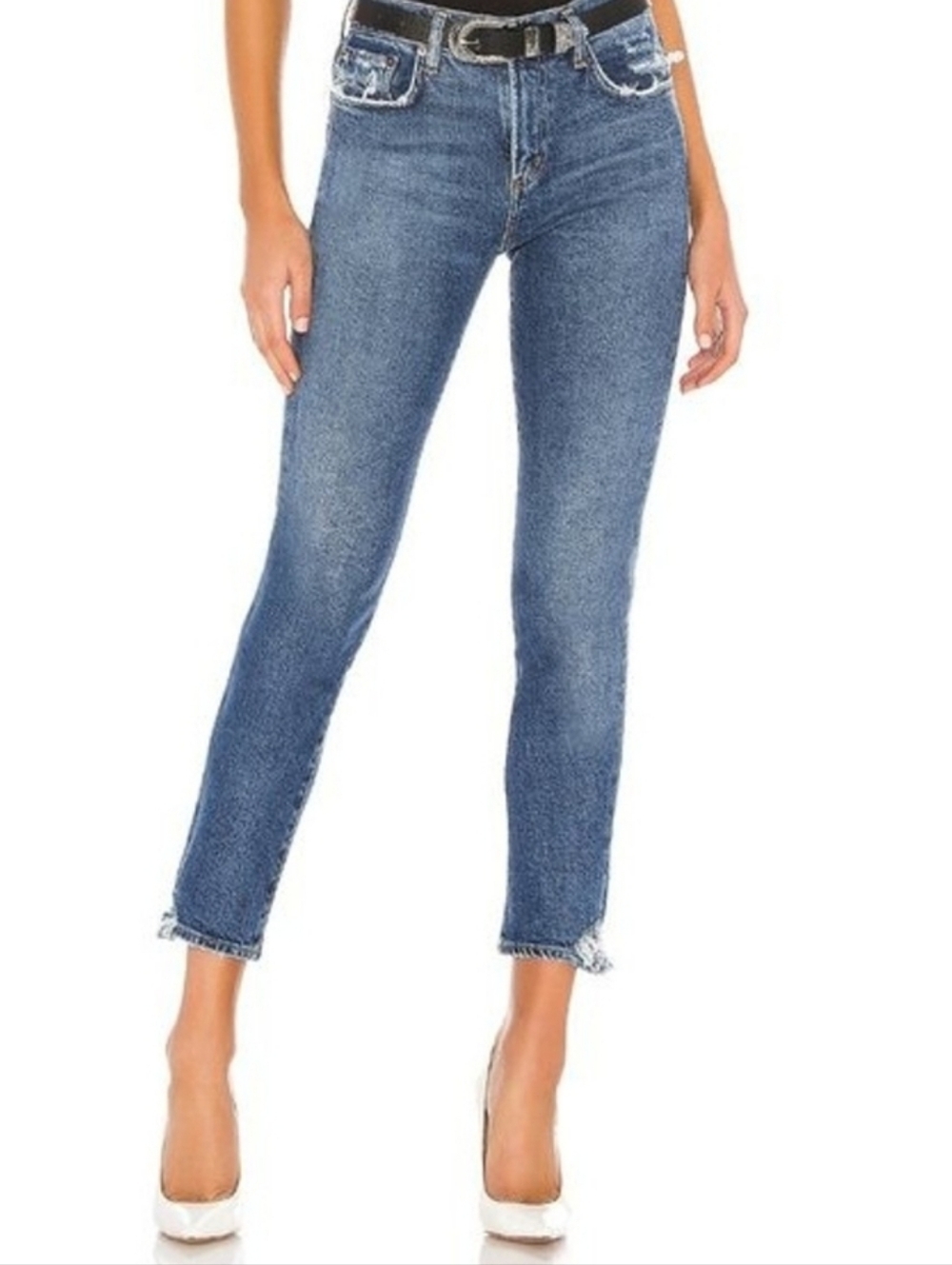 AGOLDE High Rise Crossover Jeans 25 Destroyed Hem Raw Edge Straight Leg